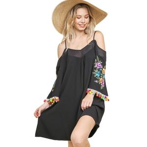 Cold Shoulder Black Tassel & Embroidered Dress